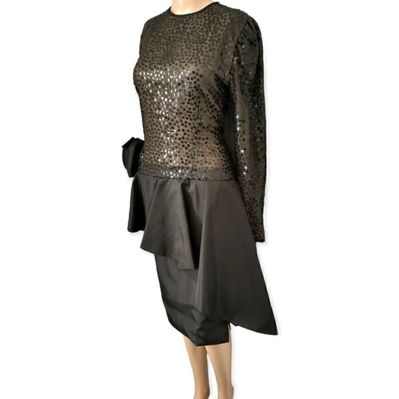 Vtg 60s Sequin Satin Cocktail Dress Sz 10 M Avant Garde Black Gilberts Tally MCM - Picture 4 of 15